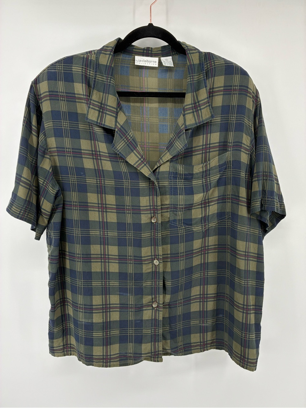 Vintage 100% Silk Liz Claiborne Olive and Navy Plaid Short-Sleeve Button Shirt